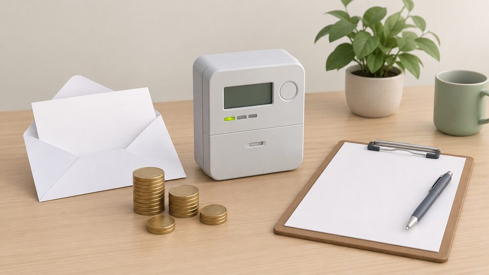 A small model of a wall-mounted smart electricity meter stands on a table beside a blank letter in an open envelope, a stack of coins and a blank clipboard, suggesting the letter a household receives before a forced prepayment switch.