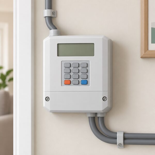A domestic prepayment electricity meter mounted on an interior wall of a home, shown close up with its keypad and a blank display screen, with the incoming supply cable and the cable running onward to the household circuits visible around it.