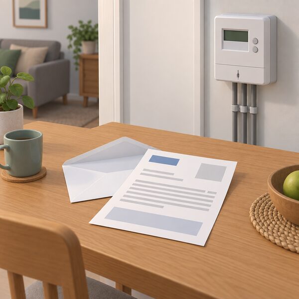 An opened envelope and a supplier letter lying on a domestic table, the letter shown as a physical sheet with blank lines and plain blocks instead of readable text, beside a household electricity meter on the wall.