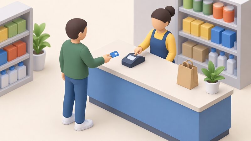 A customer at a shop counter holding a payment card or key while the shopkeeper operates a small counter terminal that tops up the prepayment meter key, showing the payment infrastructure a prepayment household depends on to keep supply running.
