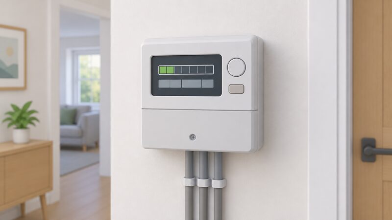 A domestic smart electricity meter on an interior wall, its small display screen showing a plain low-credit bar and blank line blocks to indicate remaining prepayment credit, with no people present.