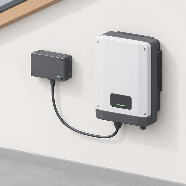 A small wall-mounted monitoring box with an RS422 Solar.Net OUT port on its underside, a single cable running from that port to a nearby inverter mounted on the same wall, shown in a simplified isometric view.