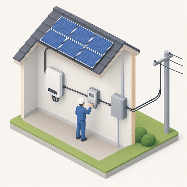 A simplified isometric view of a household's generating installation connection point, showing an export meter mounted at the metering point where the solar installation's cable meets the distribution network supply, with a small figure inspecting it.