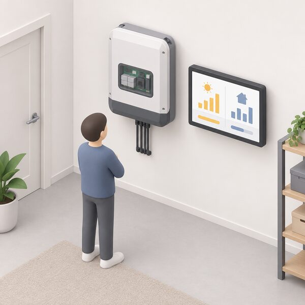 A simplified isometric figure stands indoors looking at a wall-mounted Primo inverter whose integrated Datamanager hardware is shown inside, with a screen beside it displaying generation and consumption data together in one plain interface.