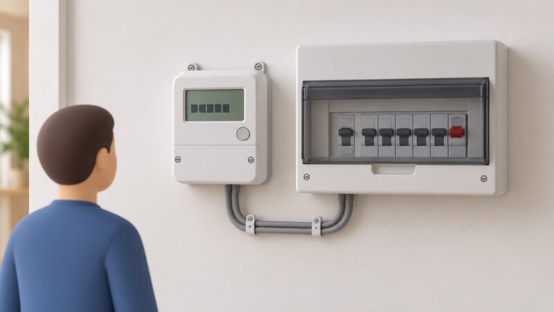 A small wall-mounted energy meter with a built-in LCD screen showing a live electricity reading, mounted beside a domestic consumer unit with a wired connection into it, no phone or internet in sight.