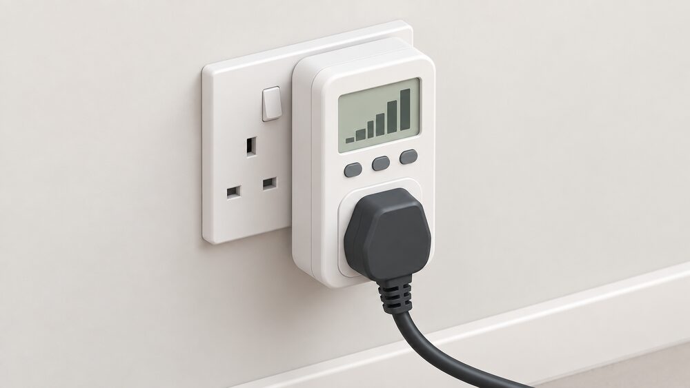 A close-up of a plug-in home energy monitor with a small built-in LCD screen, plugged into a wall socket, with an appliance's plug inserted into the front of the monitor so the appliance draws power through it.