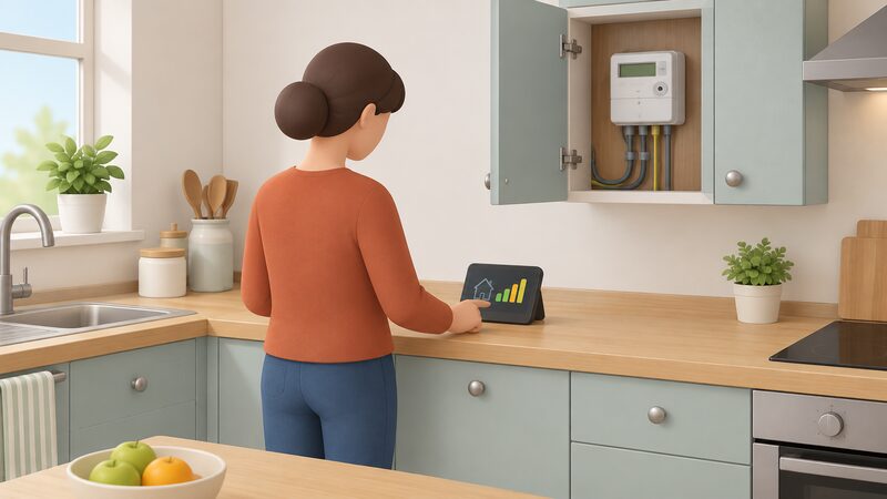 A householder stands in a kitchen reading a small tabletop energy display, while through an open cupboard door behind them a wall-mounted smart meter is visible with its cabling.