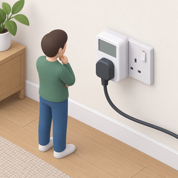 A small isometric view of a plug-in energy monitor inserted into a UK wall socket, with a domestic appliance's plug fitted into the front of the monitor and a simplified figure standing nearby looking at the monitor's display, all on an interior wall of a home.