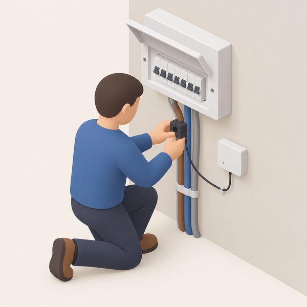 An electrician kneeling beside a consumer unit in a home, clipping a current sensor around the live supply cable and connecting a small whole-house energy monitor, with a simplified isometric figure in plain clothing doing the work.