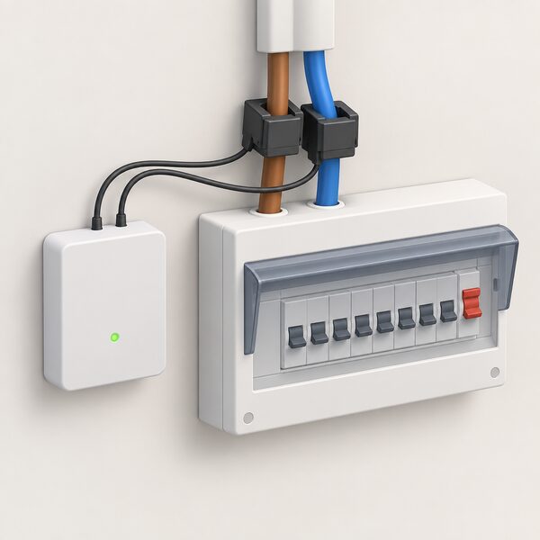 A small whole-house energy monitor unit with current transformer clamps clipped around the incoming electricity supply tails beside the consumer unit, sensing the home's total current flow.