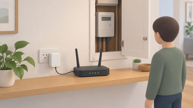 A small consumer access device plugged into a mains socket beside a home wi-fi router on a shelf, with a cable running between the two, and a smart meter visible inside an open utility cupboard behind them.