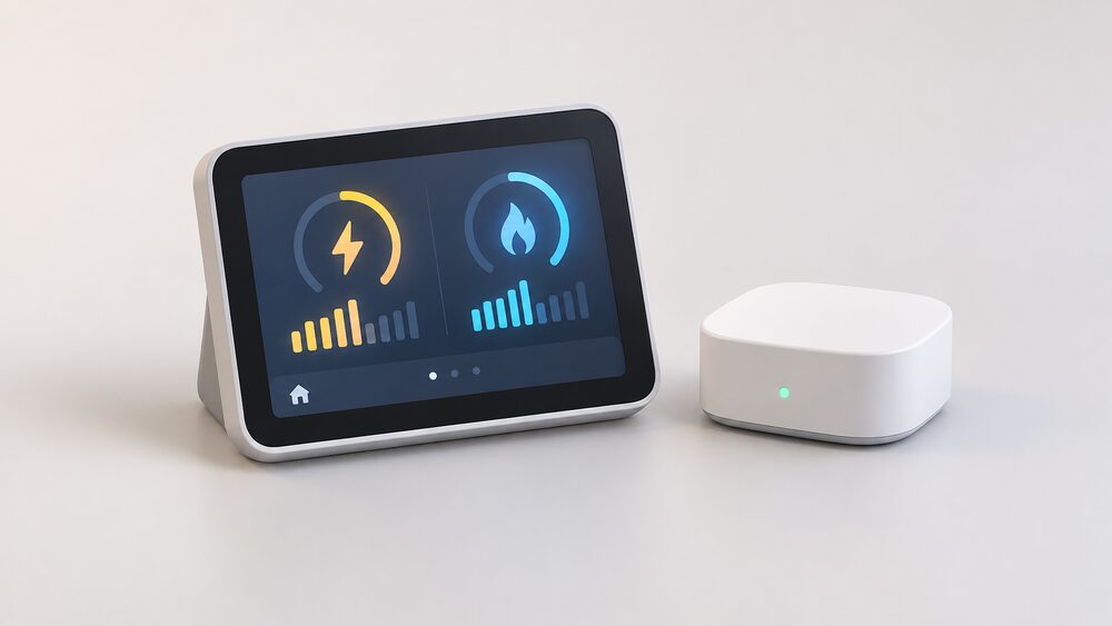 A close-up of two small consumer devices side by side on a plain surface: a Hildebrand Glow in-home display with a lit touchscreen showing electricity and gas use, and beside it the small Octopus Home Mini wi-fi unit, both reading a smart meter's live data.