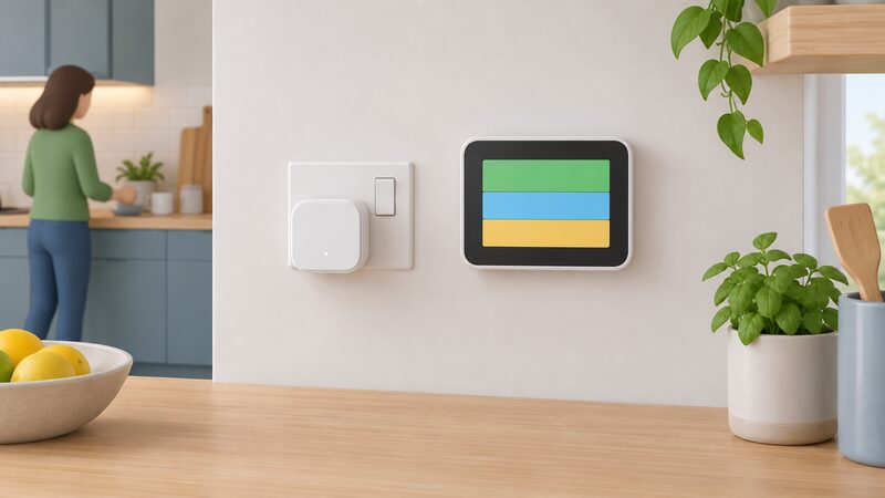 A small white plug-in hub in a wall socket beside a wall-mounted touchscreen energy display on a kitchen wall, shown as two distinct devices with the hub plain and the display screen showing simple blank colour bands.