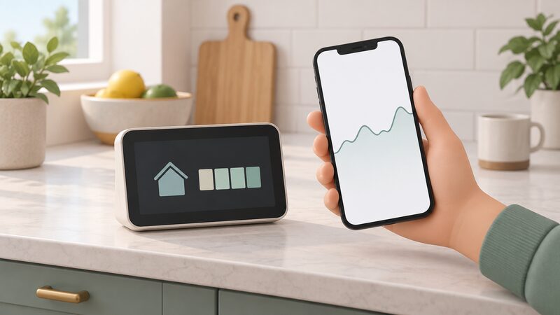 A Glow-style touchscreen in-home display on a kitchen counter showing pounds-and-pence cost as blank blocks beside a phone held in hand displaying the supplier app's live consumption graph as a plain line, both showing whole-home near real-time cost.