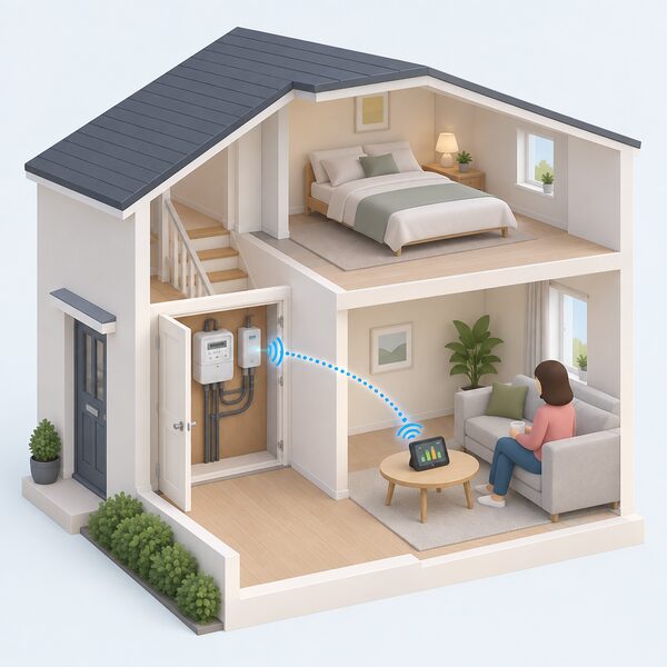 A cutaway view of a home showing a smart electricity meter with its wireless communications hub installed inside a cupboard, connected to the incoming supply cables, while elsewhere in another room a separate freestanding in-home display touchscreen sits on a table, linked to the meter by a dotted wireless signal path.