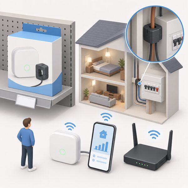 A whole-home energy monitor sold as a retail product: its box on a shop shelf with a blank price tag, beside a small cutaway view of the monitor's sensor clipped around a live cable at a consumer unit, with a smartphone and wi-fi router nearby.