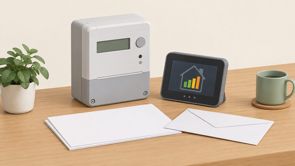A small tabletop arrangement showing a smart electricity meter and its separate in-home display standing beside blank billing paperwork and an envelope, the moment when half-hourly meter data reaches a household bill.