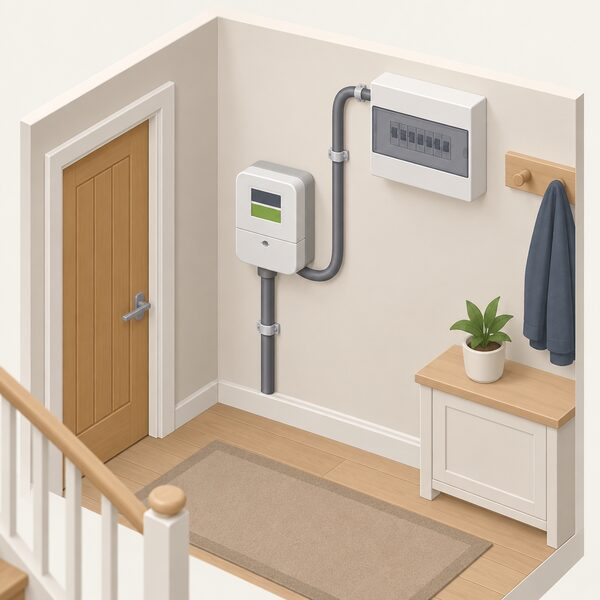 A simplified isometric view of a domestic hallway or cupboard wall with a smart electricity meter mounted on it, its small display showing plain colour bands, with the incoming mains supply cable and a cable running to the consumer unit, and no person present.