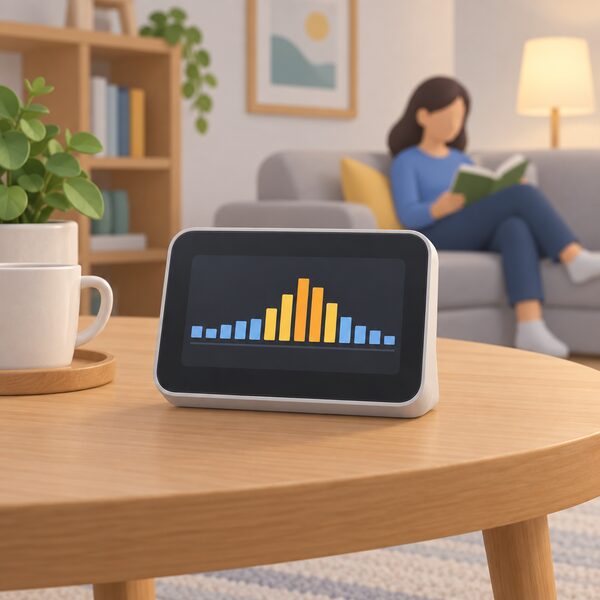 A small smart meter in-home display standing on a table in a home living room, its screen showing simple plain colour bands and bars representing the household's energy use across the day, with no readable words or numbers.