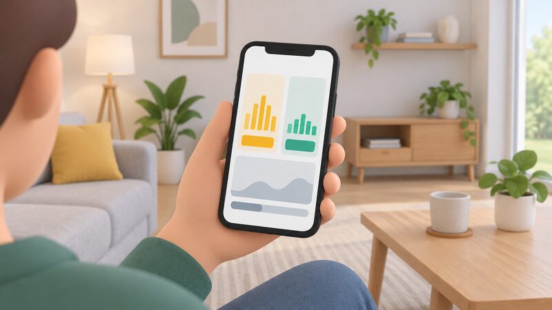 A hand holding a smartphone in a home setting, the screen showing the Glow app with a live electricity consumption graph and a separate export figure displayed alongside it as plain colour bands and blocks with no readable numbers.