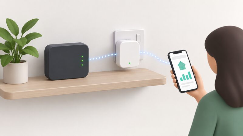A small white Hildebrand Glow consumer access device plugged into a wall socket on a shelf beside a smart meter communications hub, with a simple line suggesting local data passing from the hub to the device and onward to a phone showing the Glow app.