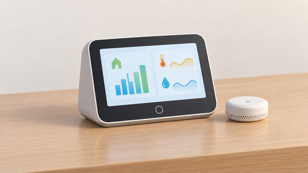 A close-up of a single combined in-home display and consumer access device standing on a table, its screen showing simple usage graphs, with a small wireless sensor puck beside it and nothing else in the frame.