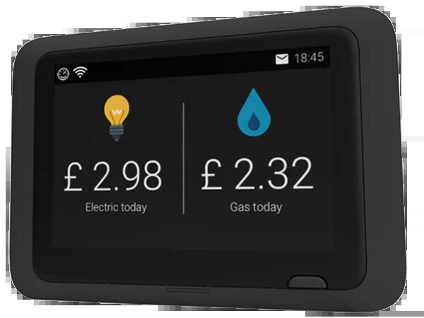 A black Glow smart meter in-home display showing today's electricity cost of £2.98 and gas cost of £2.32