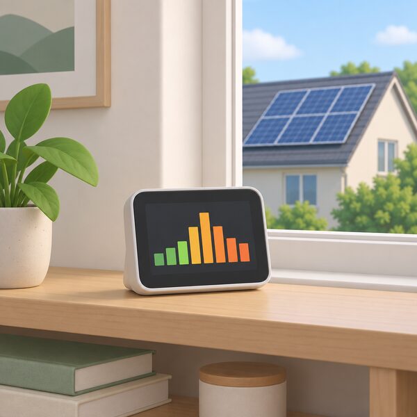 A small smart meter display sitting on a shelf inside a home, its screen showing plain bars of real-time electricity use, with a window behind revealing solar panels on the roof of the neighbouring house outside.