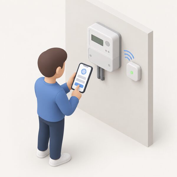 A simplified figure stands beside a wall-mounted electricity smart meter, holding a phone showing a plain app screen while a small Glow device nearby pairs with the meter, its indicator lit.