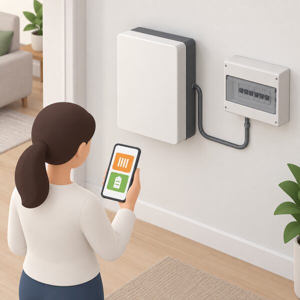A wall-mounted home battery storage unit indoors with a cable running to a household consumer unit, while a person nearby holds a smartphone whose screen shows simple plain blocks representing heating and stored energy together in one app.