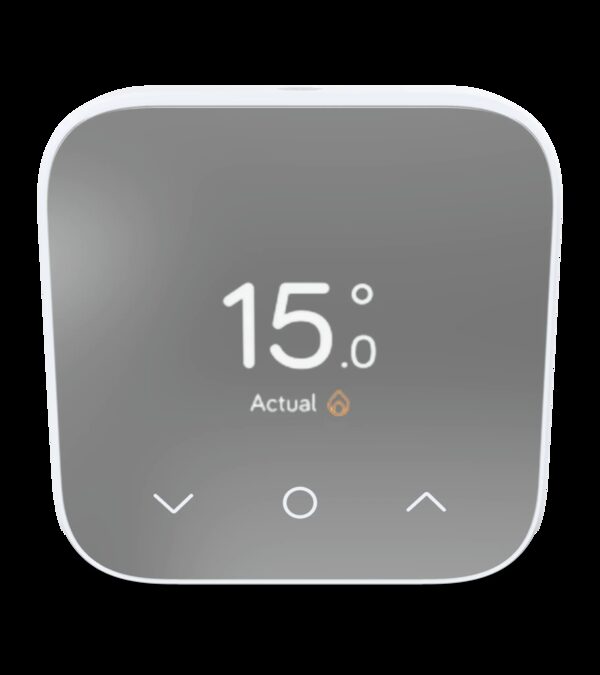 A white Hive Thermostat Mini smart thermostat displaying 15.0 degrees Actual on its grey screen