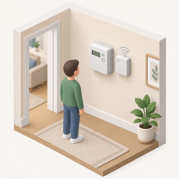 A smart meter and its separate communications hub mounted side by side on an indoor wall of a home, with a small isometric figure glancing at them, showing the hub as a distinct unit that sends readings without any broadband router or cable connection.