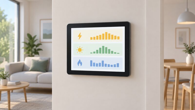 A wall-mounted tablet on a home interior wall showing an energy dashboard screen with plain colour-banded chart panels for electricity, solar and gas, drawn as a physical object with no readable words or numbers.