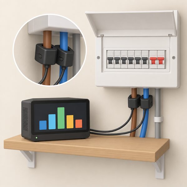A small always-on hub computer on a shelf beside the consumer unit, running an energy dashboard on its screen, with a whole-house monitor's current transformer clamps clipped around the supply tails emerging from the unit.