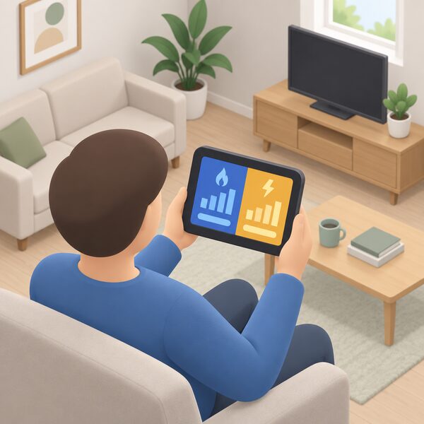 A portable in-home display held in a person's hand in a home living room, its touchscreen showing plain colour bands and simple bar blocks representing near real-time gas and electricity usage and cost, with no readable figures.