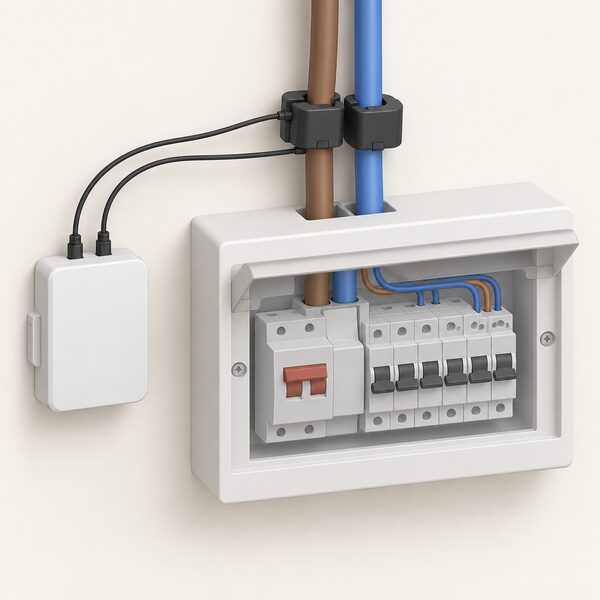A close-up view beside a domestic consumer unit where a small wireless energy monitor transmitter sits clipped to the wall, with two current transformer clamps fitted around the incoming supply tails feeding the main switch, their leads running to the transmitter.