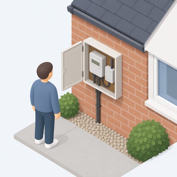 An exterior wall of a house with the meter box open, showing a smart electricity meter and its communications hub mounted beside it, with a simplified isometric figure of a householder looking at the installation that supplies their meter data.