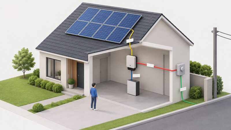 A cutaway view of a house showing a rooftop solar array, with cables running down to an inverter and a battery unit on the garage wall, each cable carrying a plain blank label tag, and a grid meter connection at the boundary.