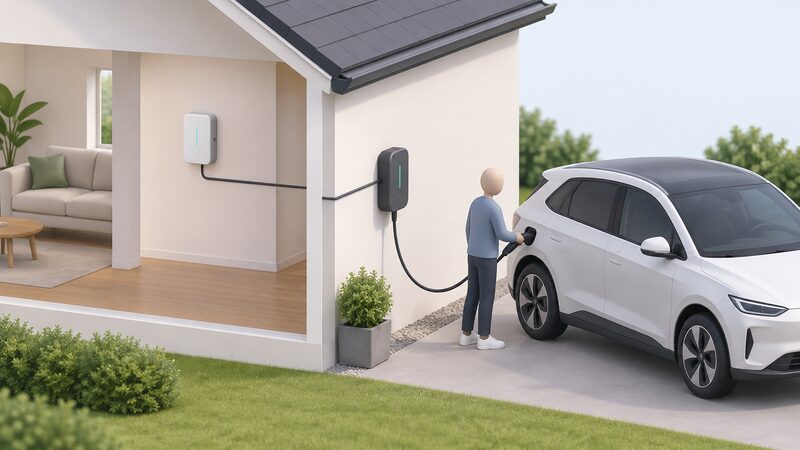 A wall-mounted EV charger on a house exterior wall, connected by a cable running indoors to a home energy controller, with a simplified figure plugging a charging cable into an electric car parked beside it.