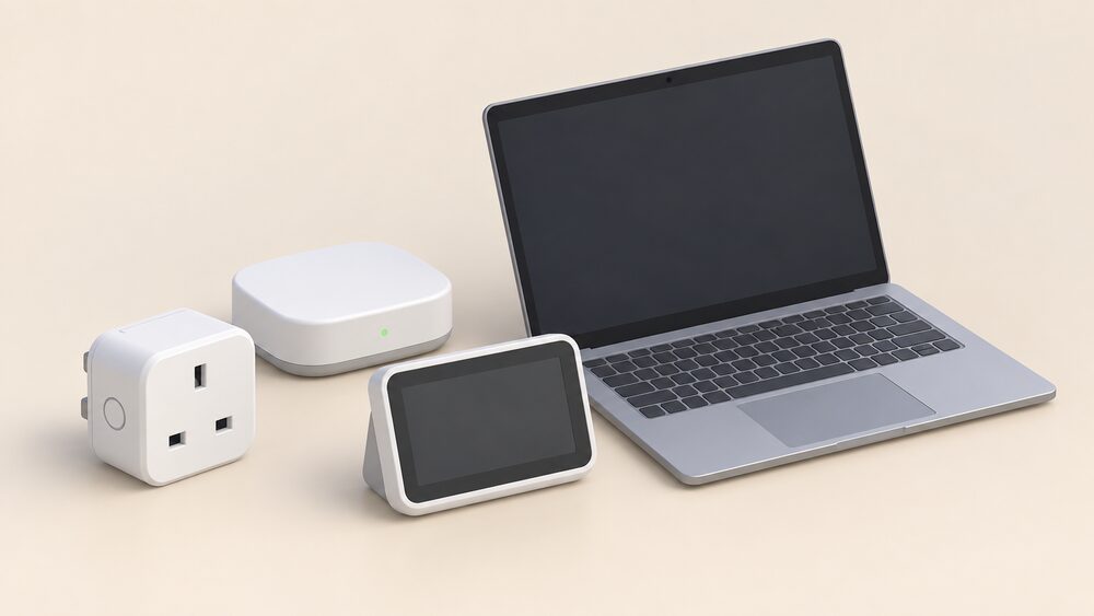 A small tabletop arrangement showing a smart plug, a compact wireless hub and a smart meter's in-home display unit grouped together on a plain surface beside a laptop with a blank screen, representing the choice of how home energy devices connect.