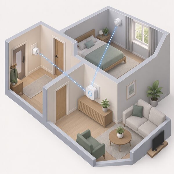 A small Zigbee wireless hub plugged into a wall socket indoors, with dotted wireless links radiating to a smart plug in a hallway and a sensor in a back bedroom, showing the hub coordinating the home's mesh network.