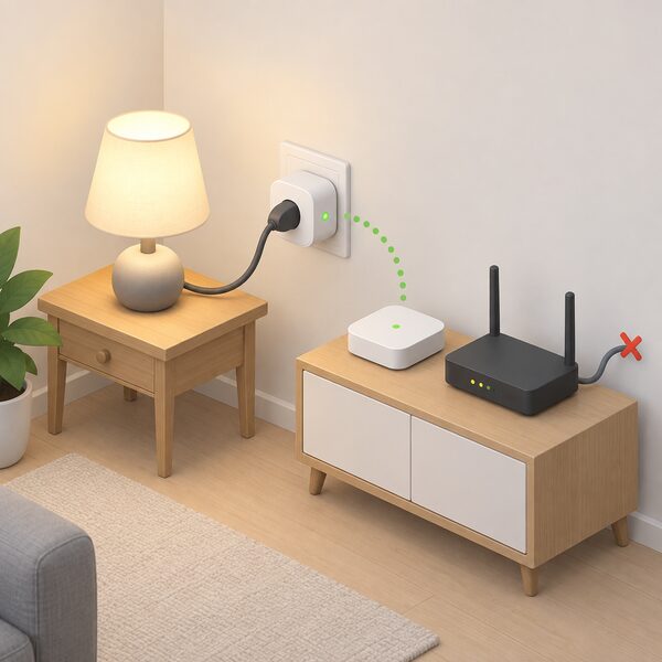 An indoor wall socket holding a Zigbee smart plug with a lamp plugged into it, switched on, with a Zigbee gateway hub nearby and a broadband router shown disconnected from the outside world, the schedule still running locally.