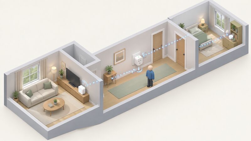 An isometric hallway scene shows a small simplified figure nearby while a mains-powered Zigbee smart plug in a wall socket relays mesh traffic, drawn as faint dotted radio paths passing through the plug between a hub in the living room beyond and a distant room at the far end of the house.