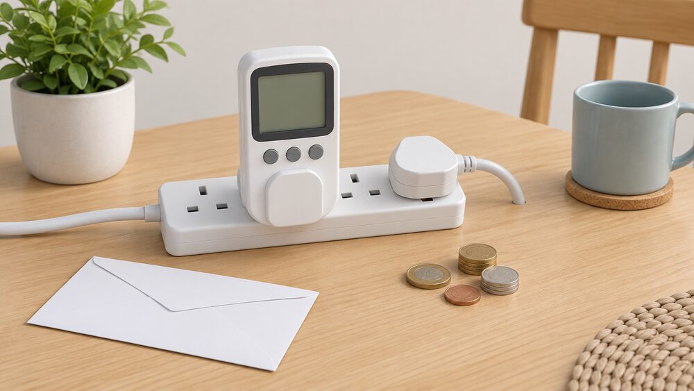 On a kitchen table, a plug-in energy monitor sits plugged into a small extension lead with a kettle-style plug beside it, next to a few loose coins and a blank envelope, showing the moment of weighing a monitor's price against its running cost.