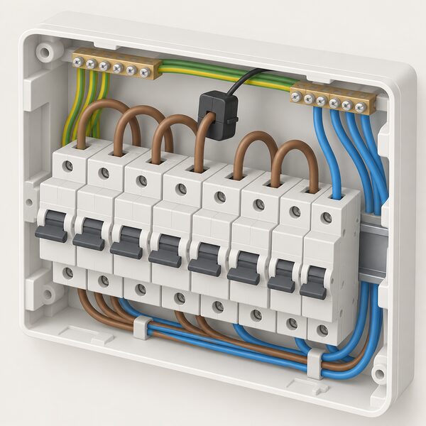 A close-up cutaway view inside a domestic consumer unit showing a small clamp-on current transformer clipped around one circuit's live wire, with the consumer unit's row of circuit breakers and other wiring visible around it.