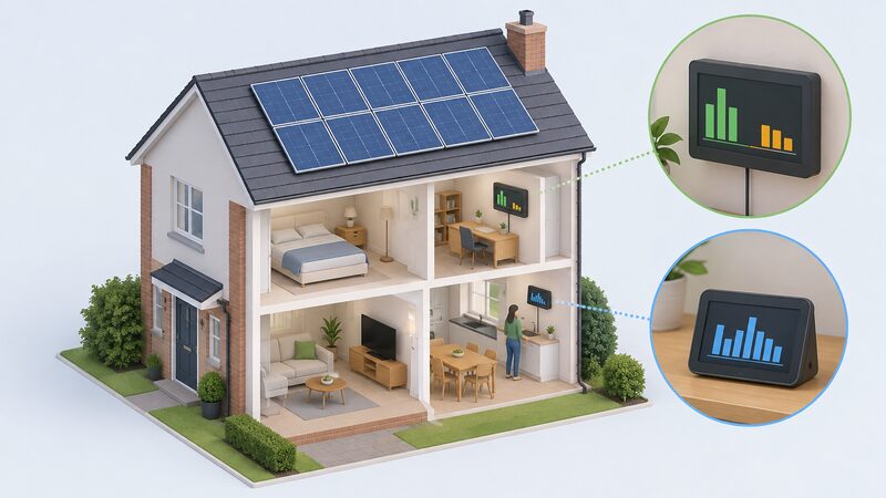A house with a solar panel array on its pitched roof and a separate generation monitoring unit indoors, its screen showing plain bars for generation and export, distinct from the smart meter in-home display showing consumption.