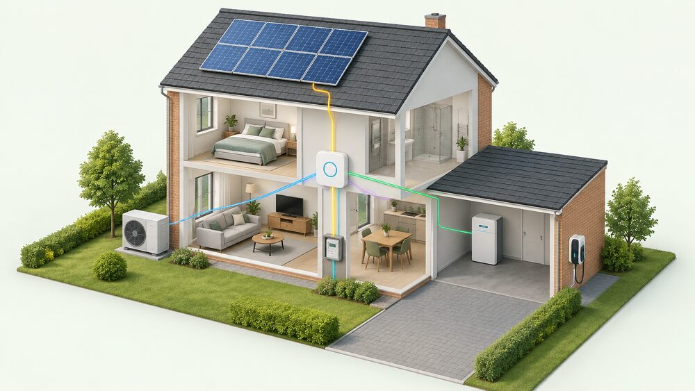 A cutaway house with a central hub device on a wall inside, connected by lines to solar panels on the roof, a battery in the garage, an EV charger on the outside wall by the drive, an air source heat pump outside, and a smart meter, showing the hub coordinating them all.