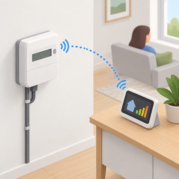 A smart meter on an interior wall with its in-home display on a nearby table, the two linked by a simple dotted radio-wave arc representing the home area network that authorised devices read.