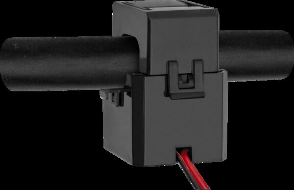 A black CT current transformer clamp fitted around a cable, used for EV charger load management