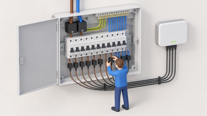 An open consumer unit with a small isometric figure clipping small current transformers onto several individual outgoing circuit wires, with two larger transformers on the incoming supply tails, all cabled to a monitoring hub beside the unit.